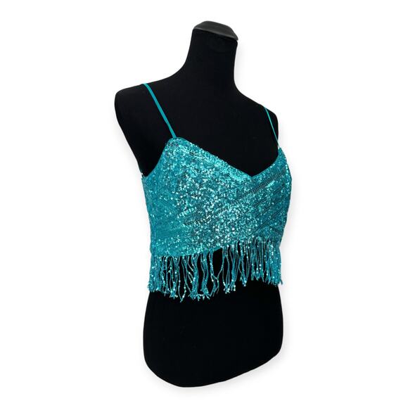 SAYLOR x Revolve | Large | Persephone Sequin Fringe Crop Halter Top in Teal - Picture 6 of 11